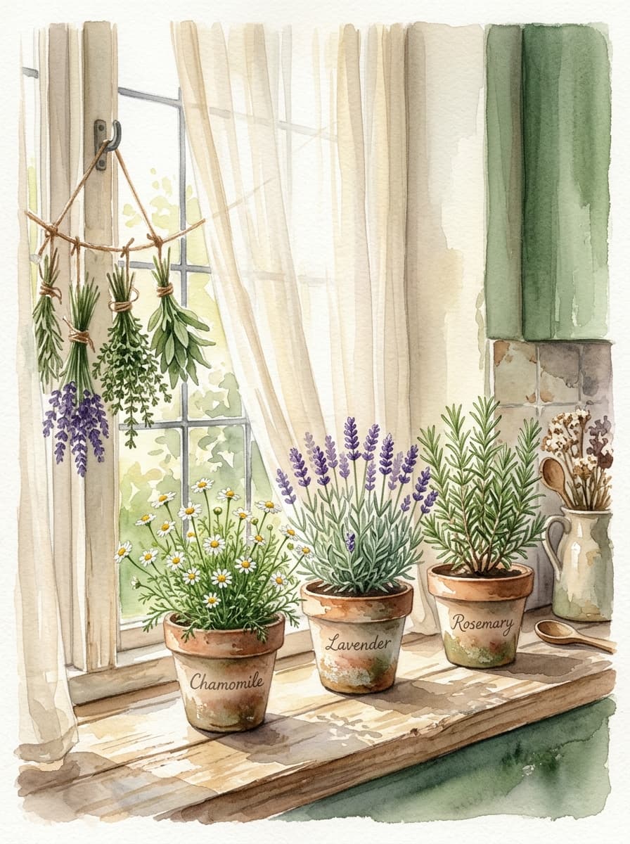 Sunlit herbs on a windowsill