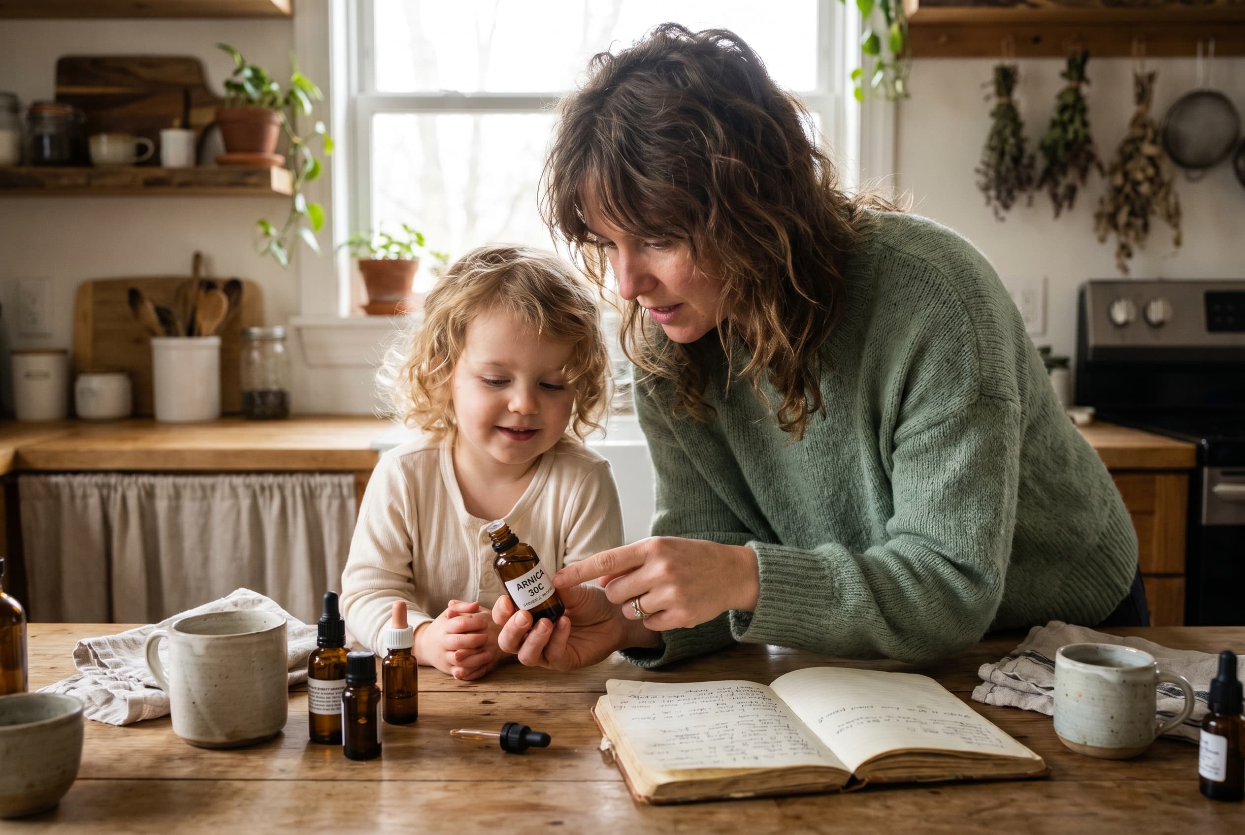 Mother and child exploring homeopathic remedies together